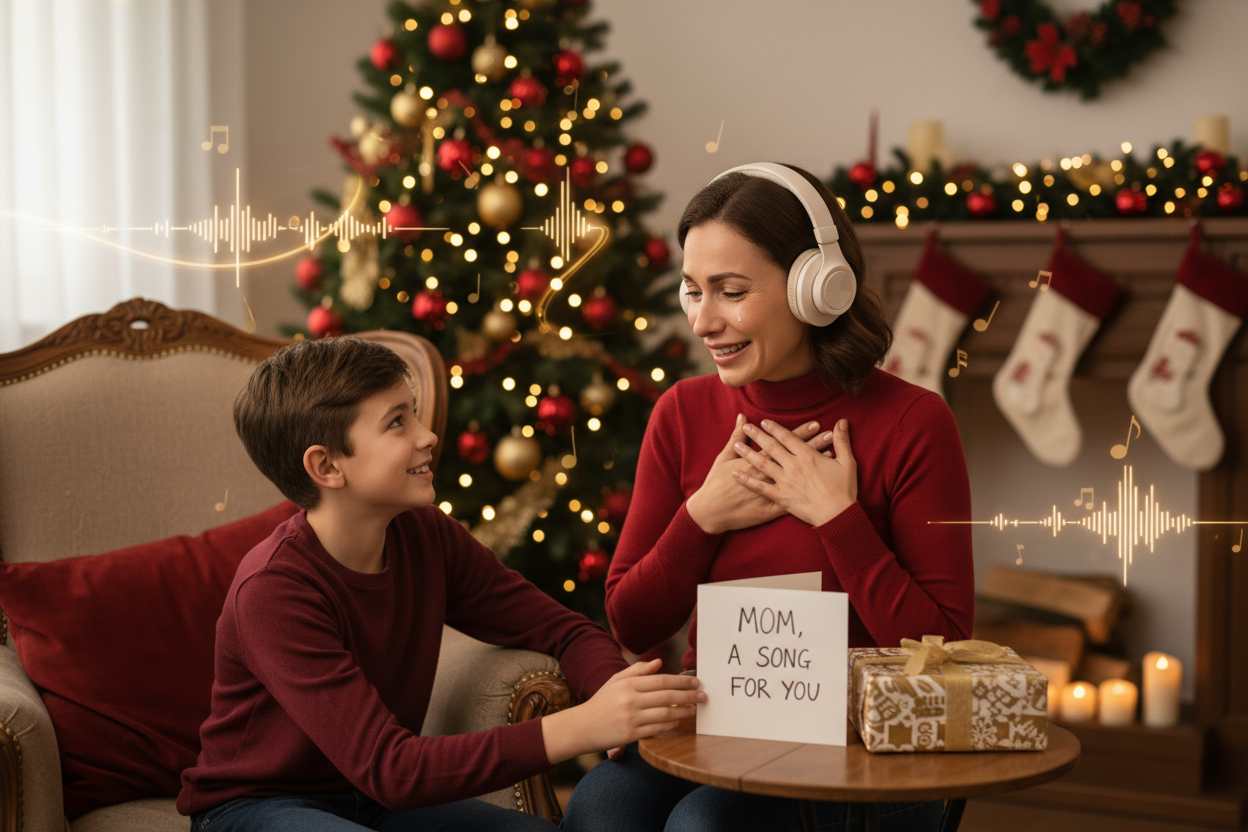 Show a child giving a personalized song as a gift to mother — warm, cozy, emotional holiday atmosphere.